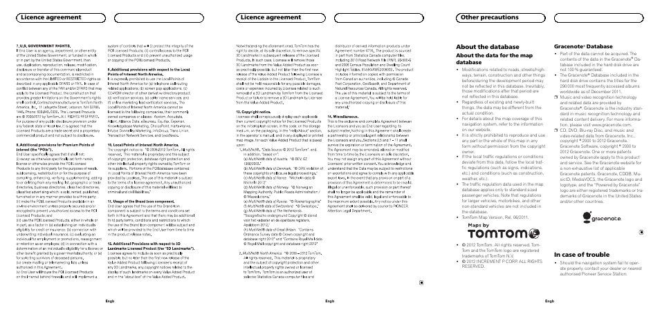 Licence agreement, Licence agreement about the database, Other precautions | Pioneer CNDV-1100HD User Manual | Page 3 / 6