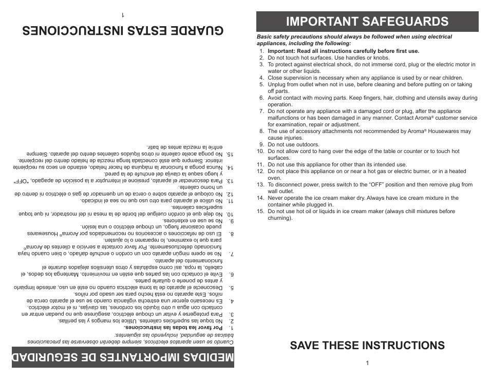 Guarde estas instrucciones, Important safeguards, Save these instructions | Medidasimport antesde seguridad | Aroma AIC-244 User Manual | Page 3 / 16