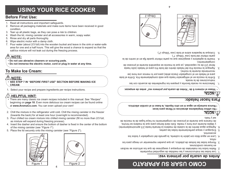 Using your rice cooker comousar suap arato, Before first use, Antesde usarlapor primeravez | Parahacer helado | Aroma AIC-244 User Manual | Page 6 / 16