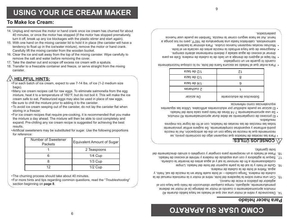 Using your ice cream maker comousar suap arato, Parahacer helado, Helpful hints | Consejosútiles | Aroma AIC-244 User Manual | Page 8 / 16