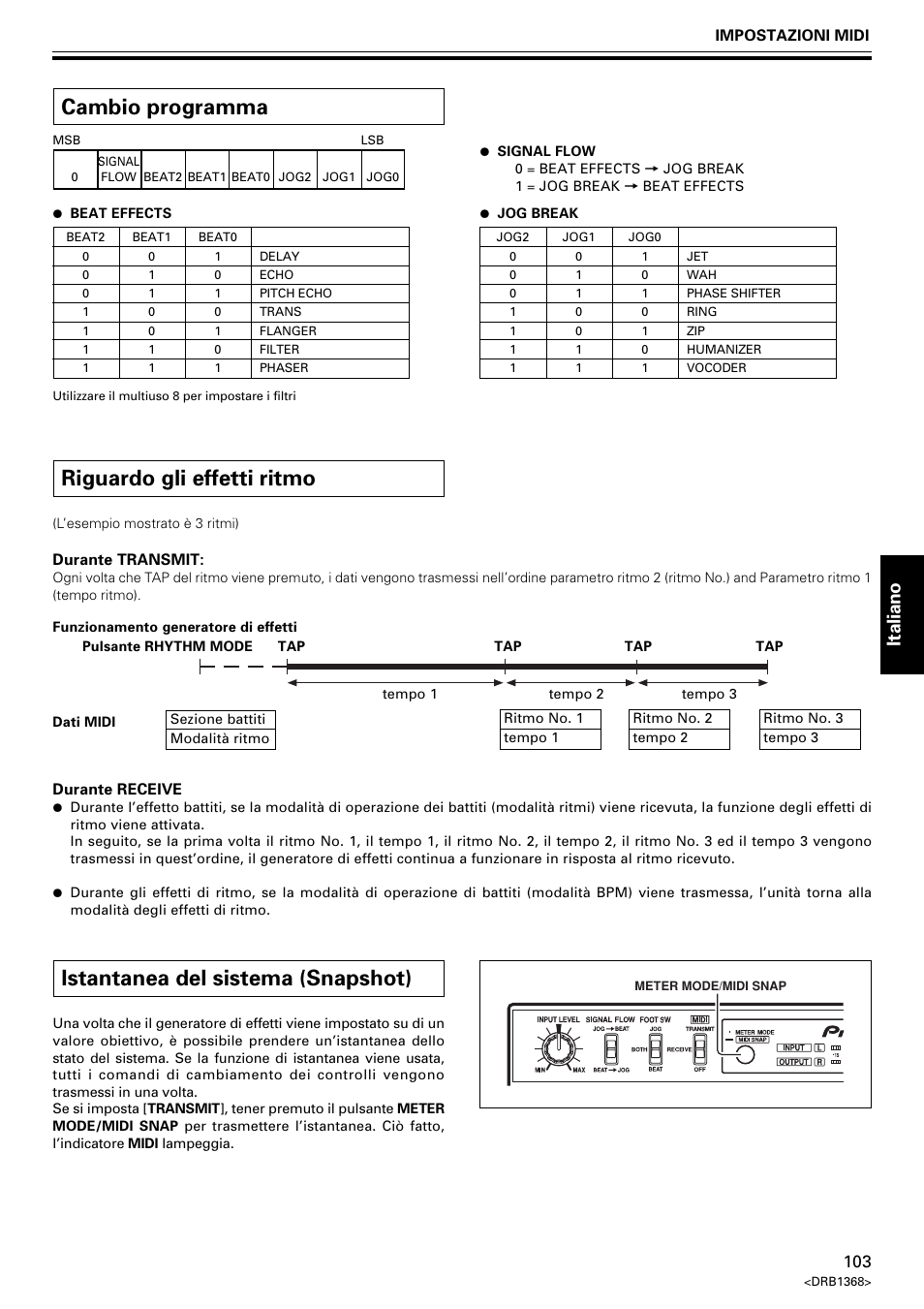 Riguardo gli effetti ritmo, Cambio programma, Istantanea del sistema (snapshot) | Italiano | Pioneer EFX-1000 User Manual | Page 103 / 159