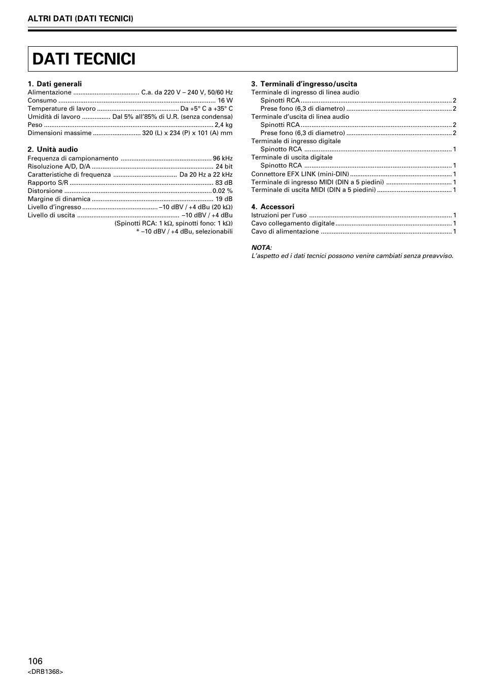 Dati tecnici | Pioneer EFX-1000 User Manual | Page 106 / 159