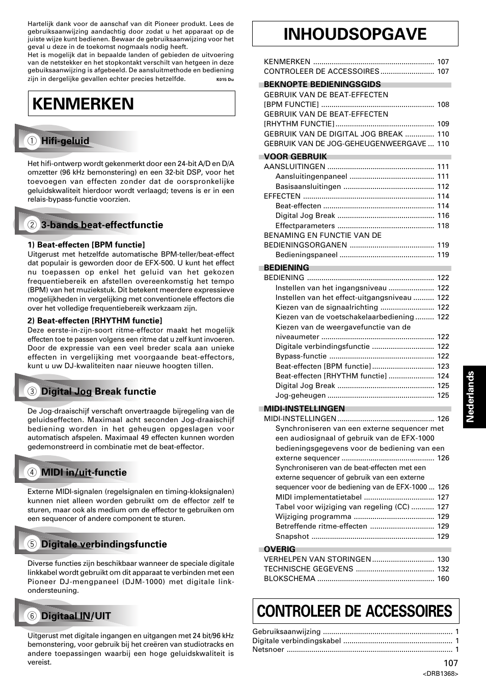 Gebruiksaanwijzing, Kenmerken inhoudsopgave, Controleer de accessoires | Pioneer EFX-1000 User Manual | Page 107 / 159