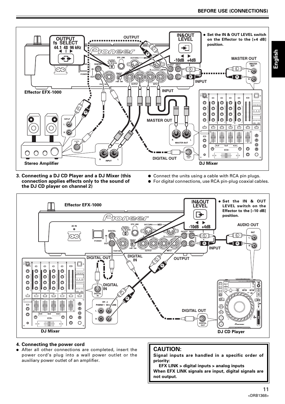 English, Caution, Connecting the power cord | Pioneer EFX-1000 User Manual | Page 11 / 159