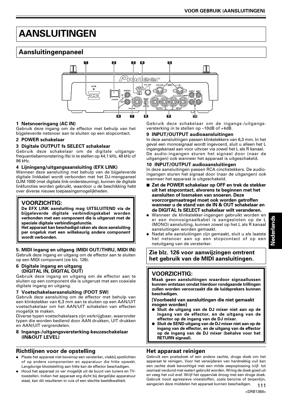 Aansluitingen, Aansluitingenpaneel, Nederlands | Voorzichtig, Het apparaat reinigen, Richtlijnen voor de opstelling | Pioneer EFX-1000 User Manual | Page 111 / 159