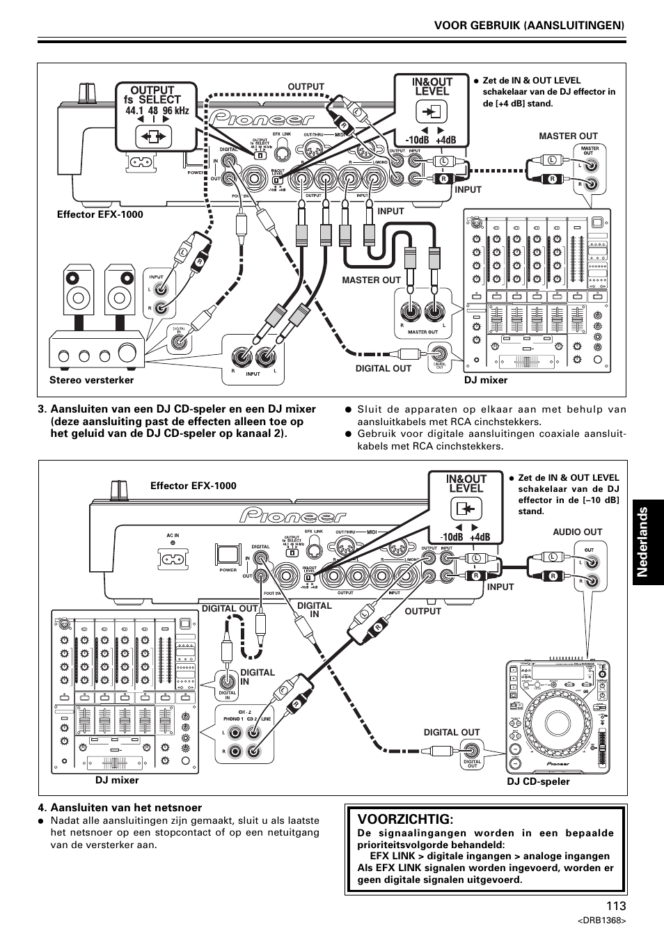 Nederlands, Voorzichtig, Aansluiten van het netsnoer | Pioneer EFX-1000 User Manual | Page 113 / 159