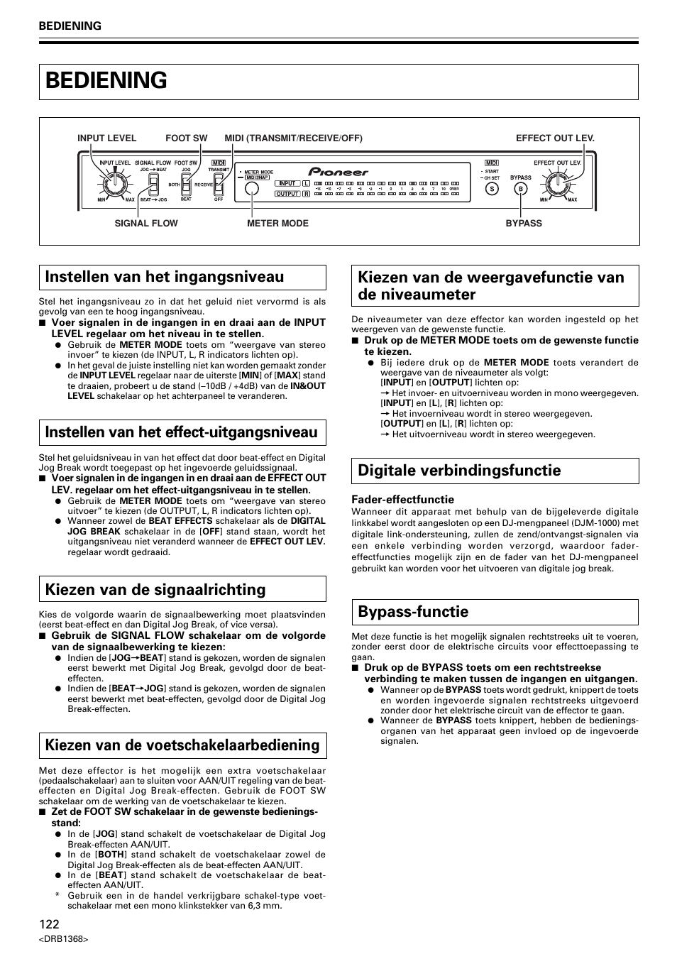 Bediening, Instellen van het ingangsniveau, Instellen van het effect-uitgangsniveau | Kiezen van de signaalrichting, Kiezen van de voetschakelaarbediening, Kiezen van de weergavefunctie van de niveaumeter, Digitale verbindingsfunctie, Bypass-functie | Pioneer EFX-1000 User Manual | Page 122 / 159