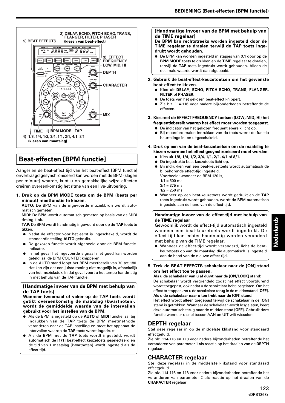 Beat-effecten [bpm functie, Nederlands, Depth regelaar | Character regelaar | Pioneer EFX-1000 User Manual | Page 123 / 159