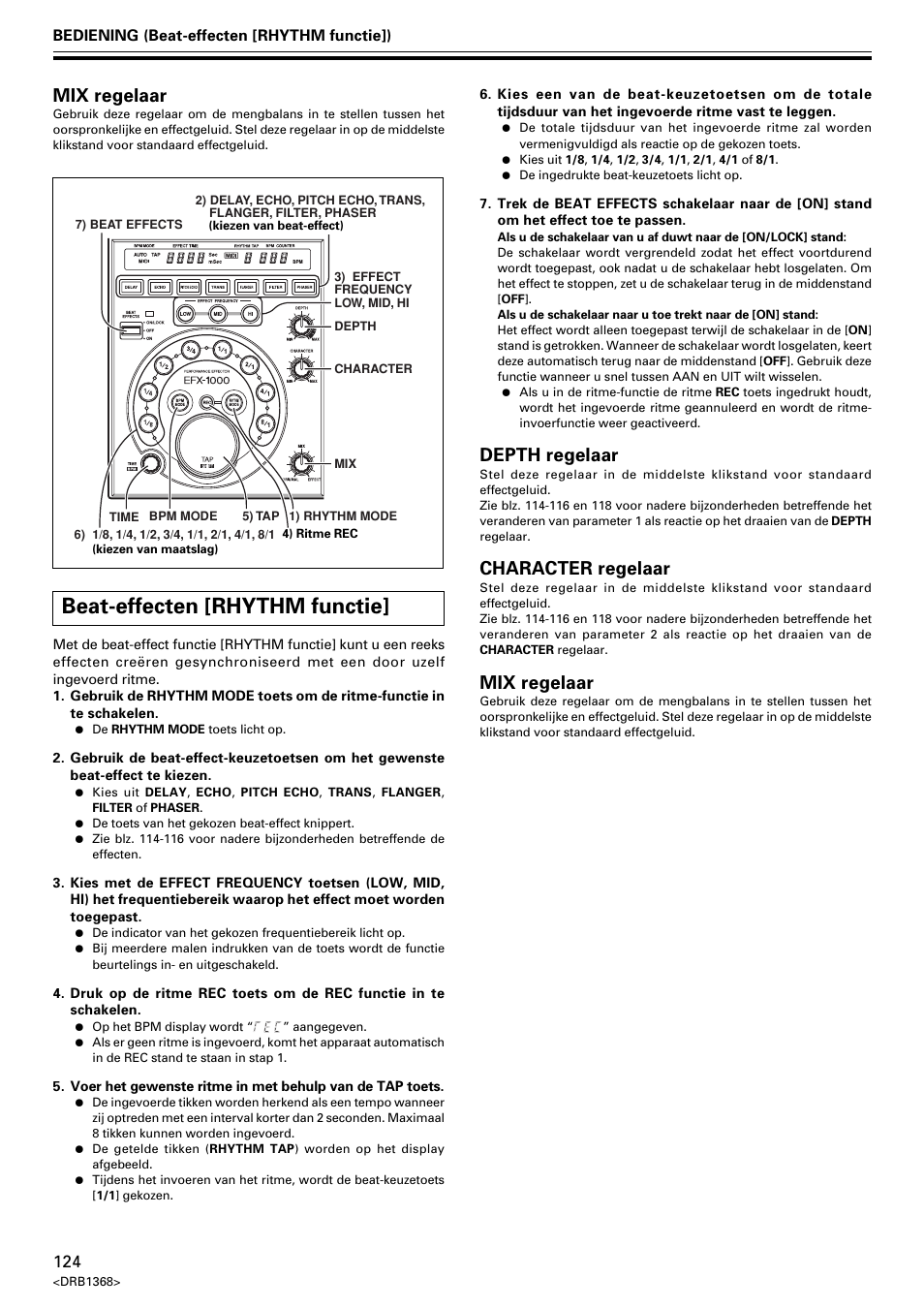 Beat-effecten [rhythm functie, Depth regelaar, Character regelaar | Mix regelaar | Pioneer EFX-1000 User Manual | Page 124 / 159