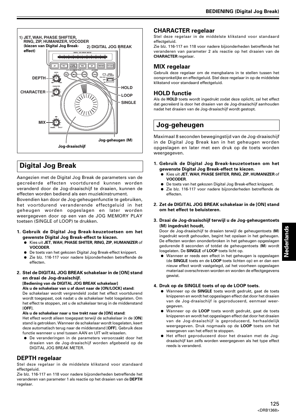 Digital jog break jog-geheugen, Digital jog break, Jog-geheugen | Nederlands, Depth regelaar, Character regelaar, Mix regelaar, Hold functie | Pioneer EFX-1000 User Manual | Page 125 / 159