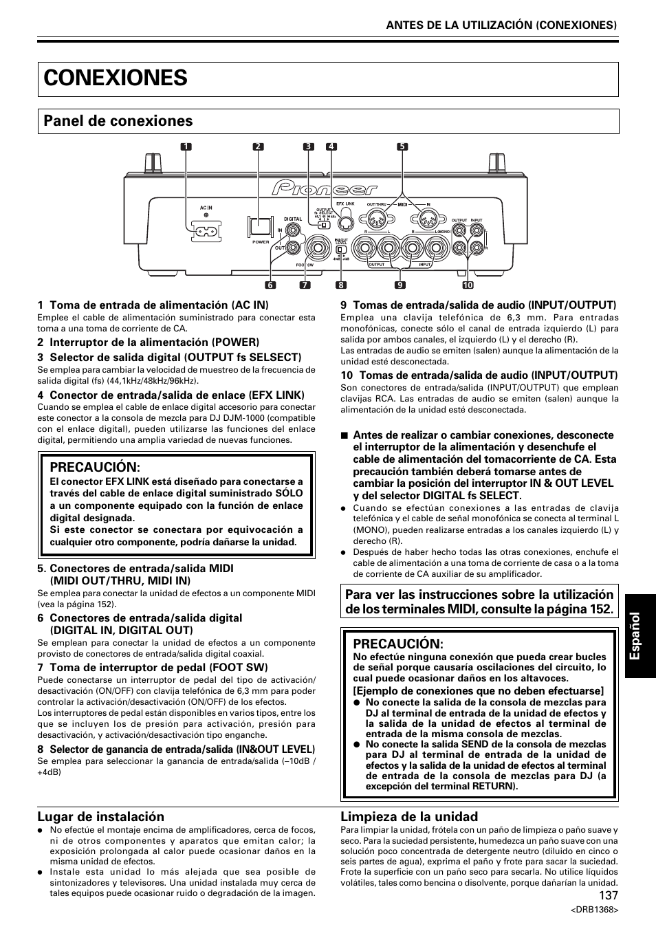 Conexiones, Panel de conexiones, Espa ñ ol | Precaución, Lugar de instalación, Limpieza de la unidad | Pioneer EFX-1000 User Manual | Page 137 / 159