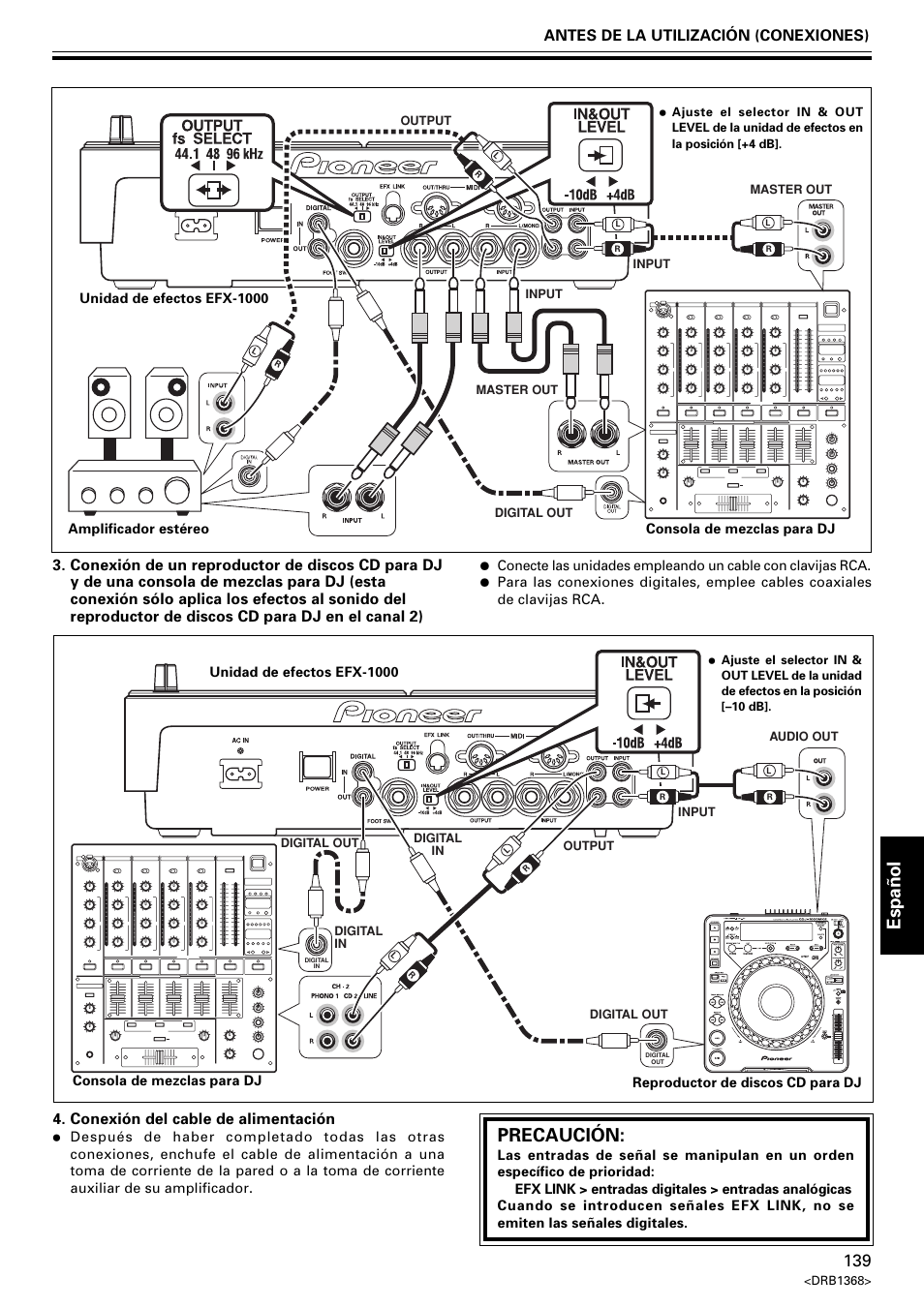 Espa ñ ol, Precaución, Conexión del cable de alimentación | Pioneer EFX-1000 User Manual | Page 139 / 159