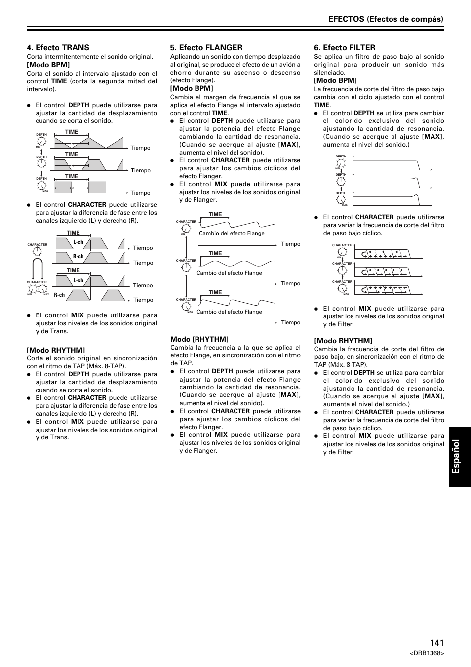 Espa ñ ol, Efectos (efectos de compás), Efecto trans | Efecto filter, Efecto flanger | Pioneer EFX-1000 User Manual | Page 141 / 159