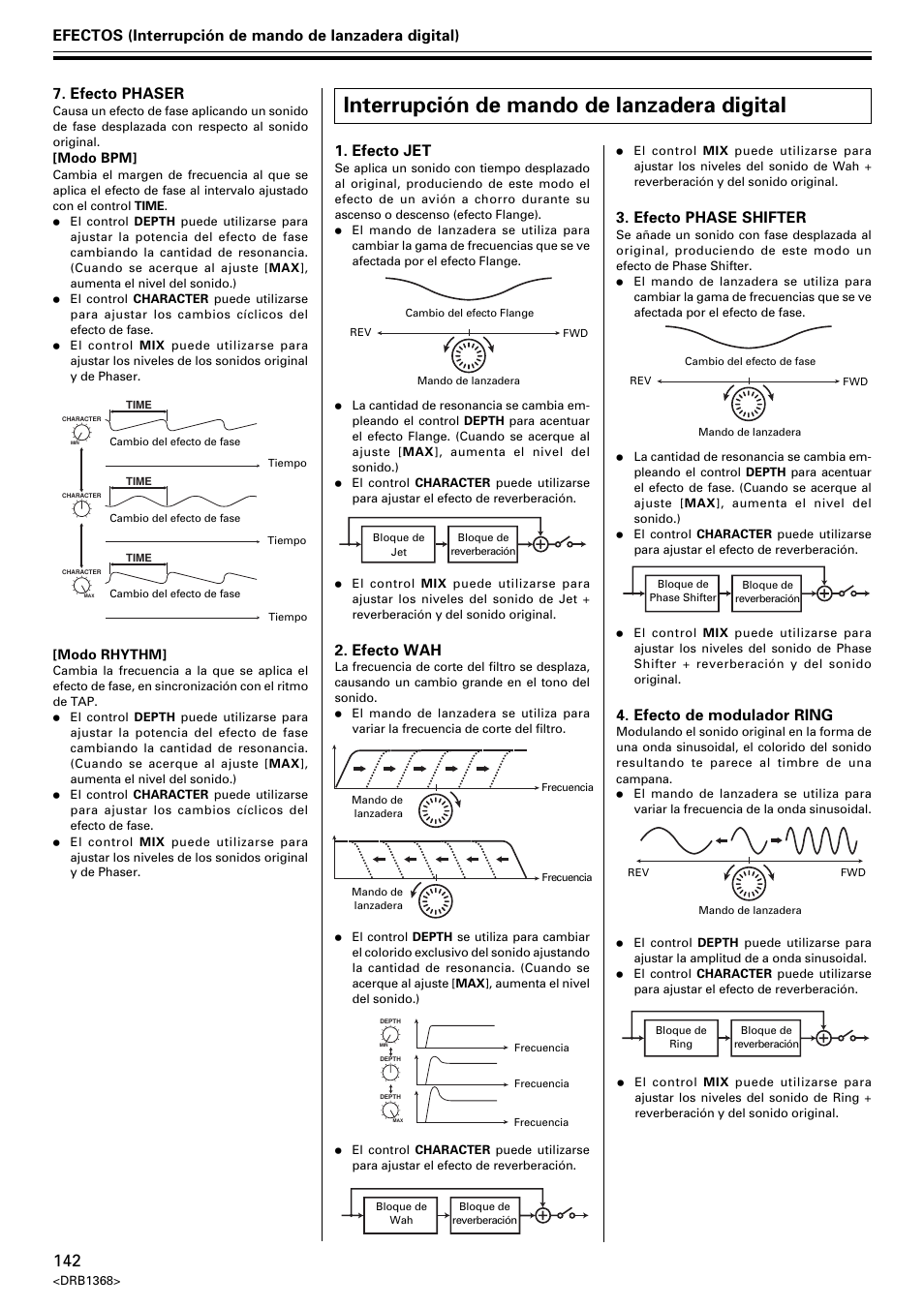 Interrupción de mando de lanzadera digital, Efecto jet, Efecto wah | Efecto de modulador ring, Efecto phase shifter, Efecto phaser | Pioneer EFX-1000 User Manual | Page 142 / 159