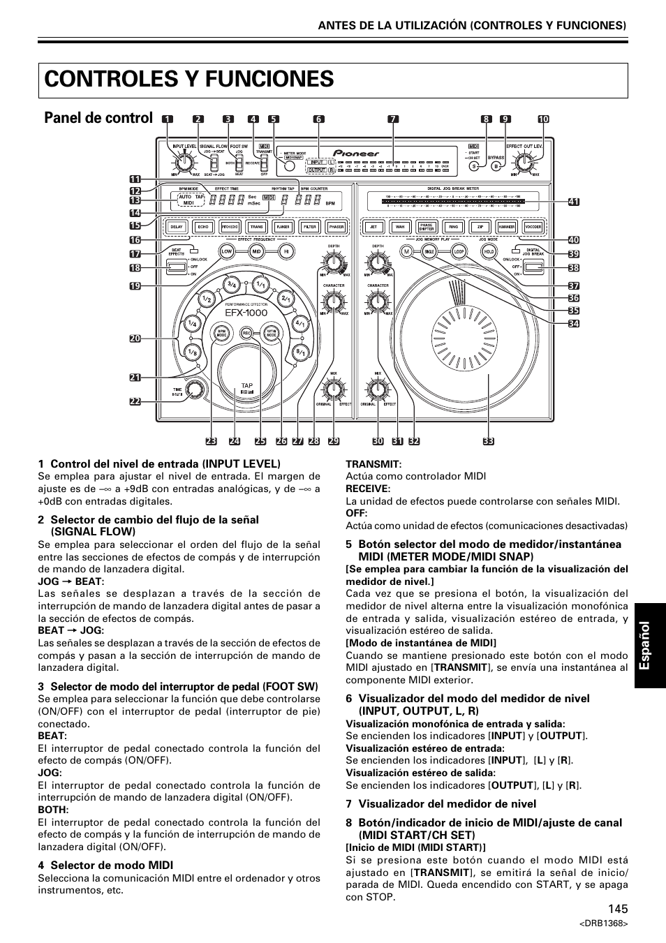 Controles y funciones, Panel de control, Espa ñ ol | Pioneer EFX-1000 User Manual | Page 145 / 159