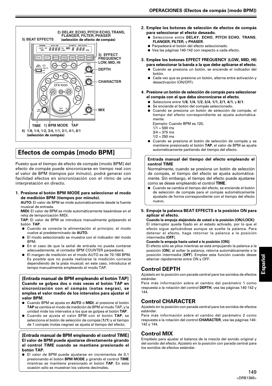 Efectos de compás [modo bpm, Espa ñ ol, Control depth | Control character, Control mix | Pioneer EFX-1000 User Manual | Page 149 / 159