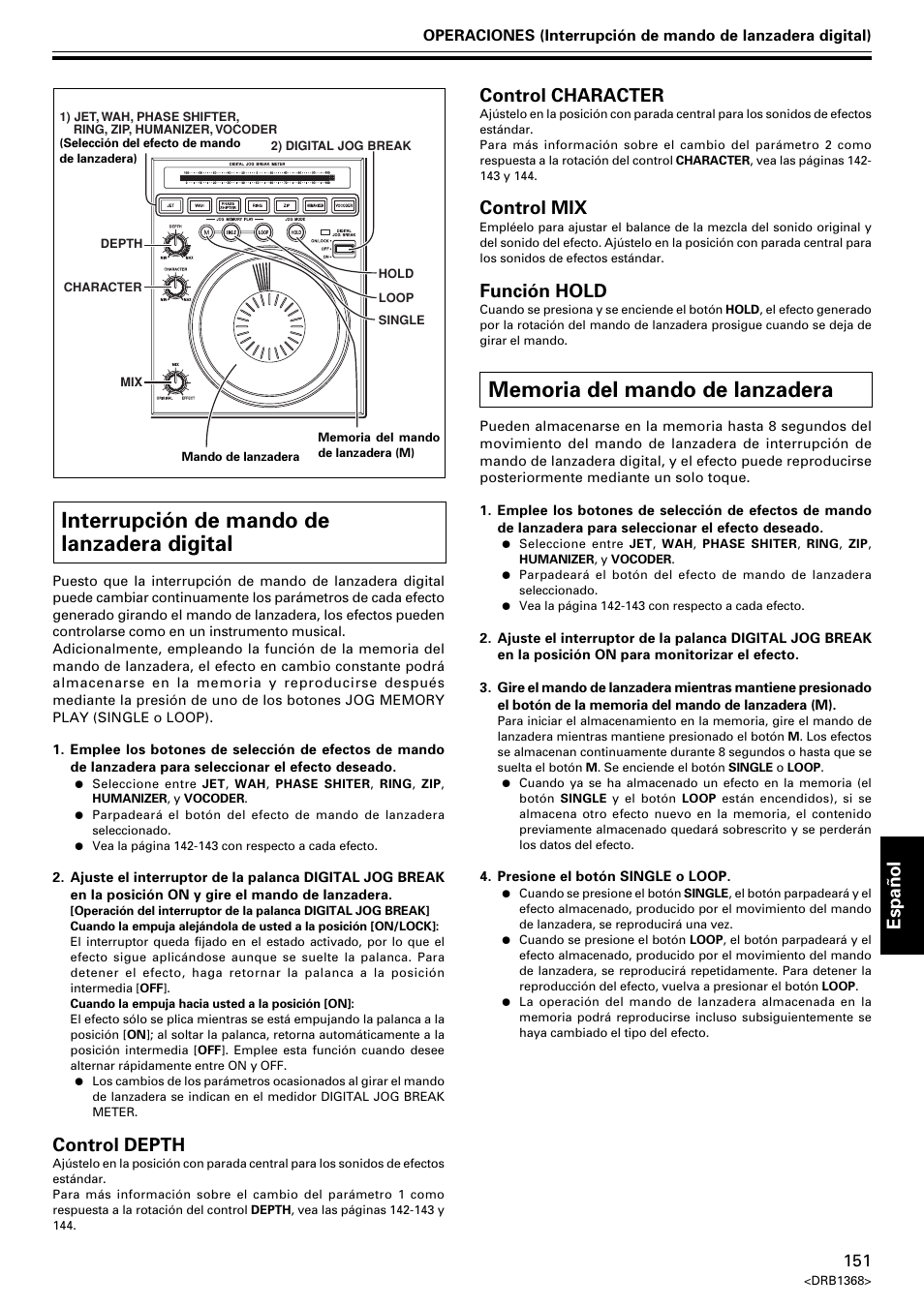 Interrupción de mando de lanzadera digital, Espa ñ ol, Control depth | Control character, Control mix, Función hold | Pioneer EFX-1000 User Manual | Page 151 / 159