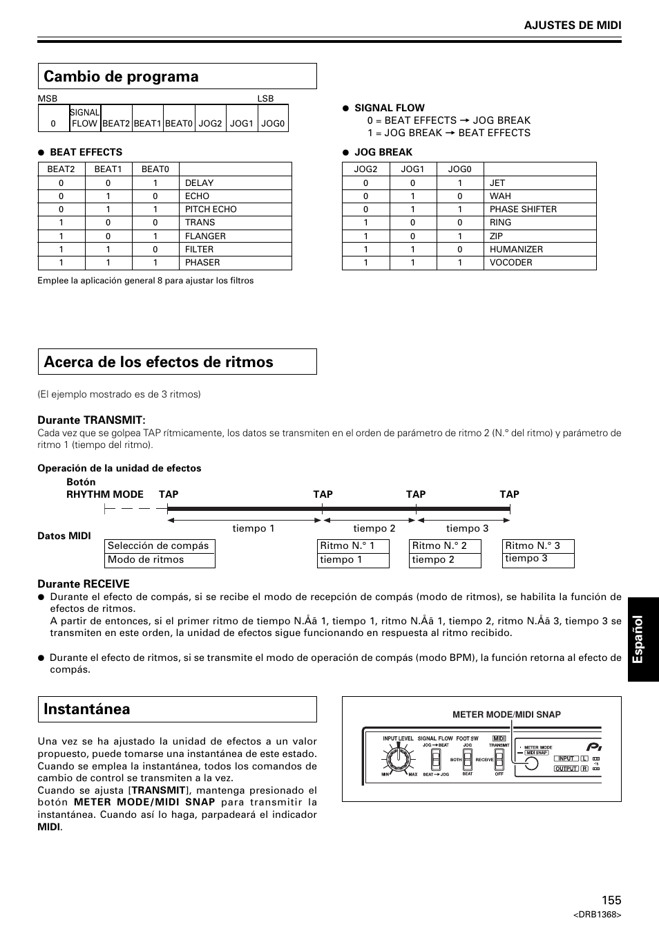 Acerca de los efectos de ritmos, Cambio de programa, Instantánea | Espa ñ ol | Pioneer EFX-1000 User Manual | Page 155 / 159