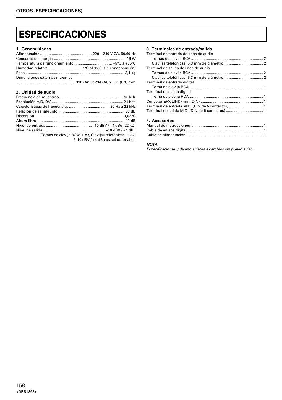 Especificaciones | Pioneer EFX-1000 User Manual | Page 158 / 159
