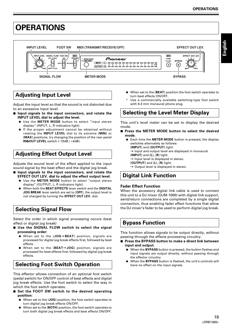 Operations, Adjusting input level, Adjusting effect output level | Selecting signal flow, Selecting foot switch operation, Selecting the level meter display, Digital link function, Bypass function, English | Pioneer EFX-1000 User Manual | Page 19 / 159