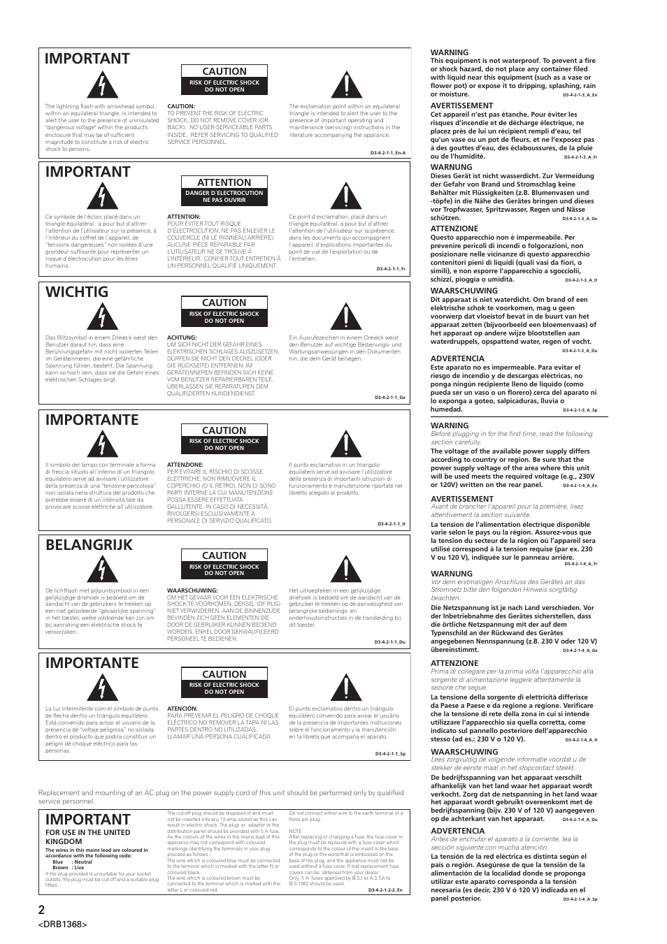 Important, Wichtig, Importante | Belangrijk, Attention, Caution | Pioneer EFX-1000 User Manual | Page 2 / 159