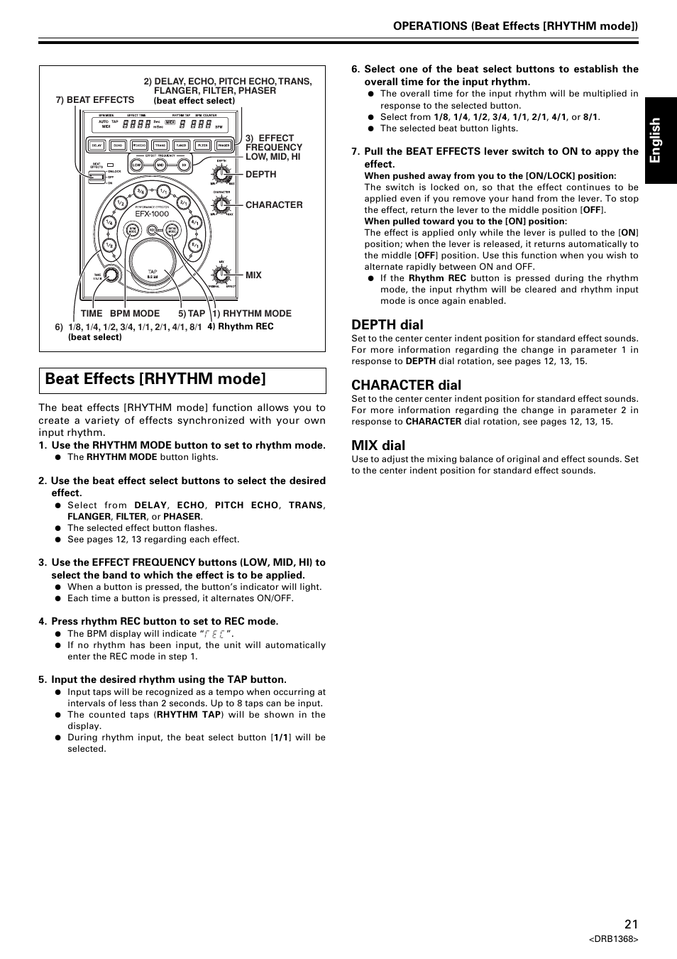 Beat effects [ryhthm mode, Beat effects [rhythm mode, English | Depth dial, Character dial, Mix dial | Pioneer EFX-1000 User Manual | Page 21 / 159