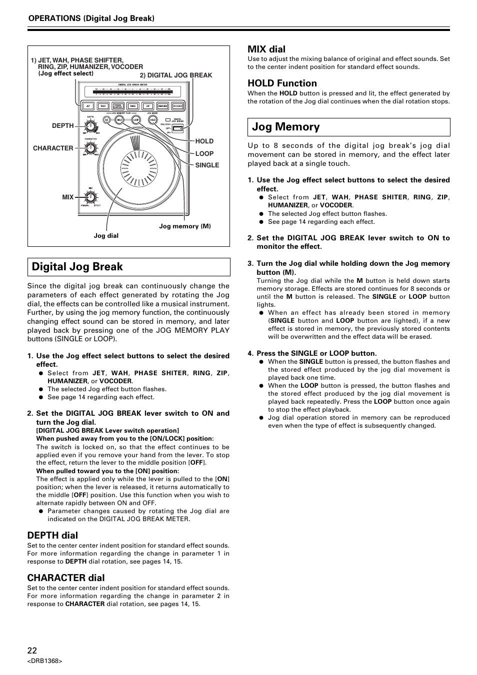 Digital jog break jog memory, Digital jog break, Depth dial | Character dial, Mix dial, Hold function | Pioneer EFX-1000 User Manual | Page 22 / 159