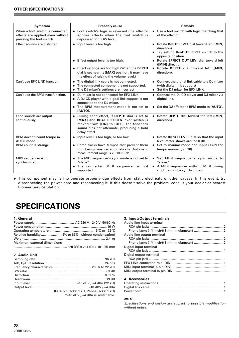 Specifications, Other (specifications) | Pioneer EFX-1000 User Manual | Page 28 / 159