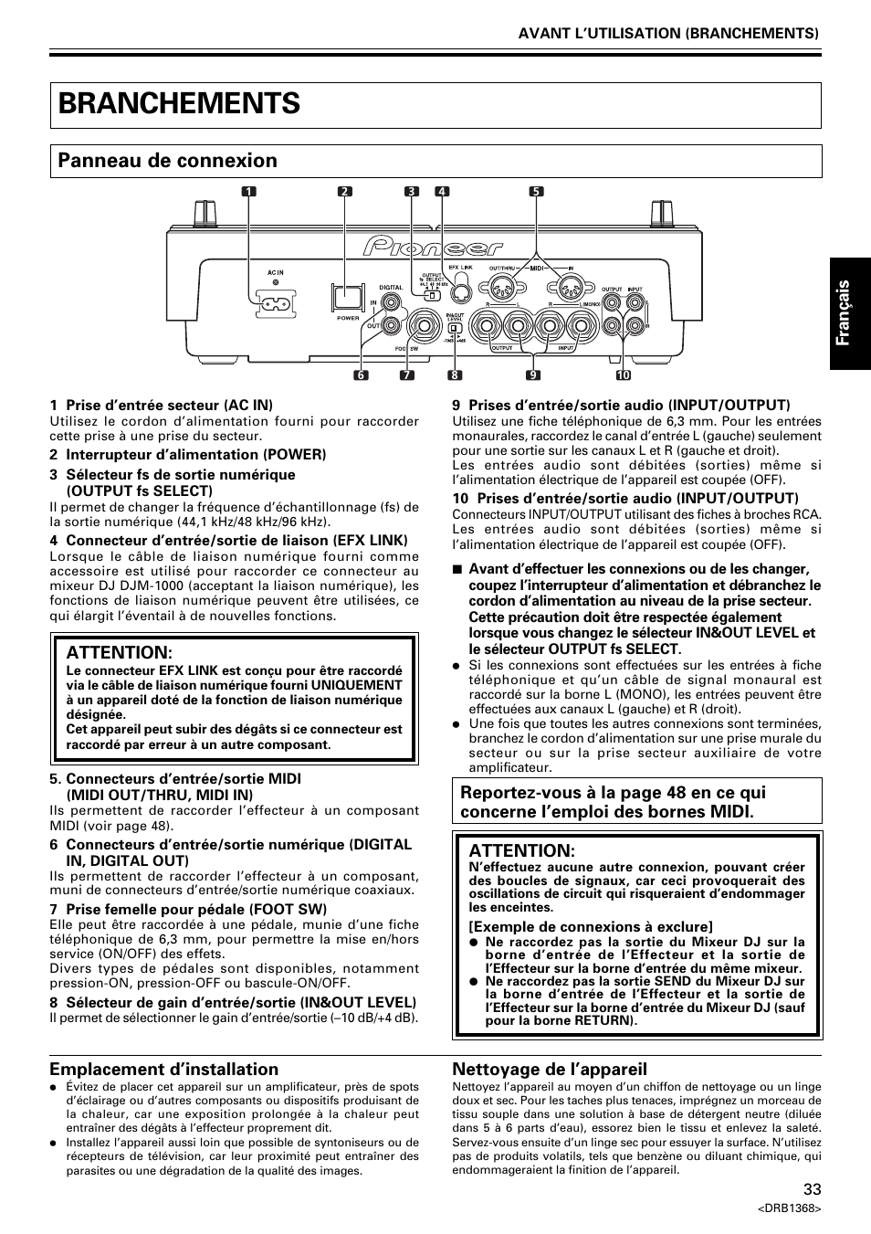 Branchements, Panneau de connexion, Fran ç ais | Attention, Emplacement d’installation, Nettoyage de l’appareil | Pioneer EFX-1000 User Manual | Page 33 / 159