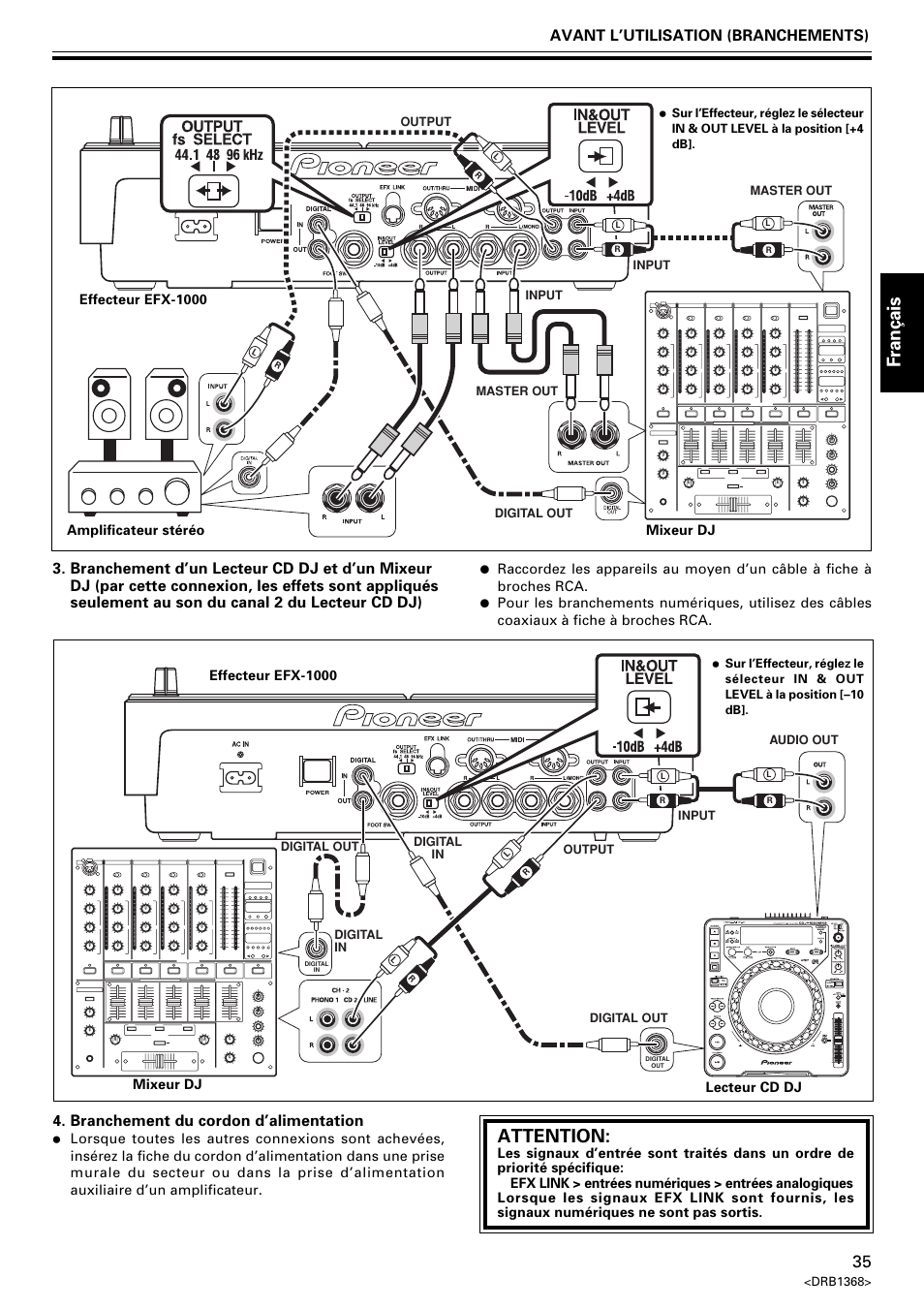 Fran ç ais, Attention, Branchement du cordon d’alimentation | Pioneer EFX-1000 User Manual | Page 35 / 159