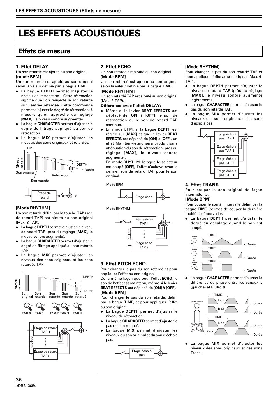 Les effets acoustiques, Effets de mesure, Les effets acoustiques (effets de mesure) | Effet delay, Effet echo, Effet pitch echo, Effet trans | Pioneer EFX-1000 User Manual | Page 36 / 159