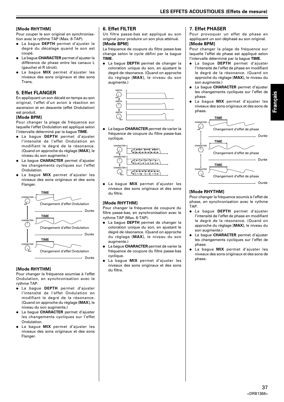 Fran ç ais, Les effets acoustiques (effets de mesure), Effet flanger | Effet filter, Effet phaser | Pioneer EFX-1000 User Manual | Page 37 / 159