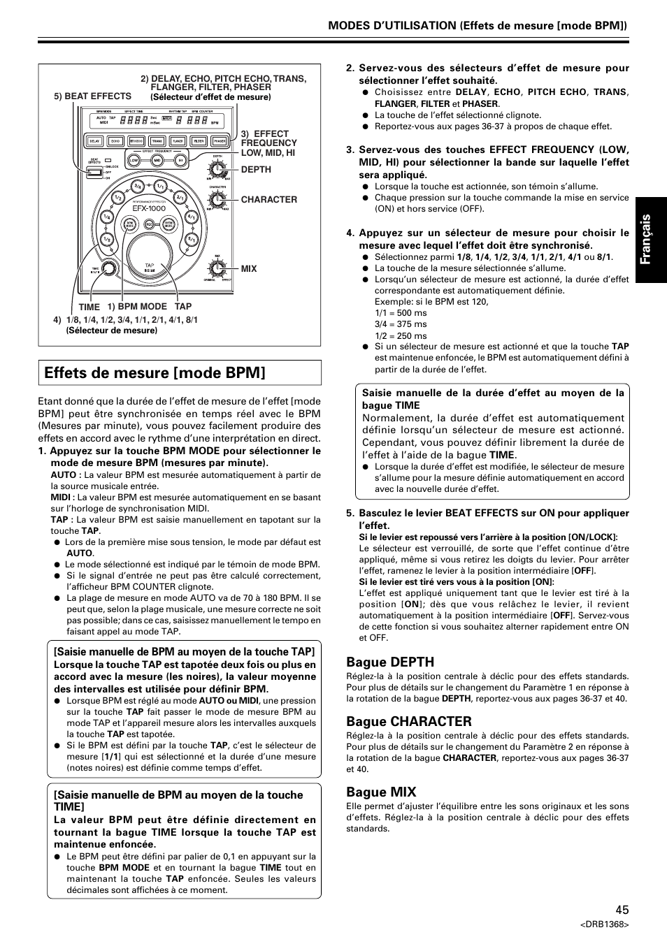 Effets de mesure [mode bpm, Fran ç ais, Bague depth | Bague character, Bague mix | Pioneer EFX-1000 User Manual | Page 45 / 159