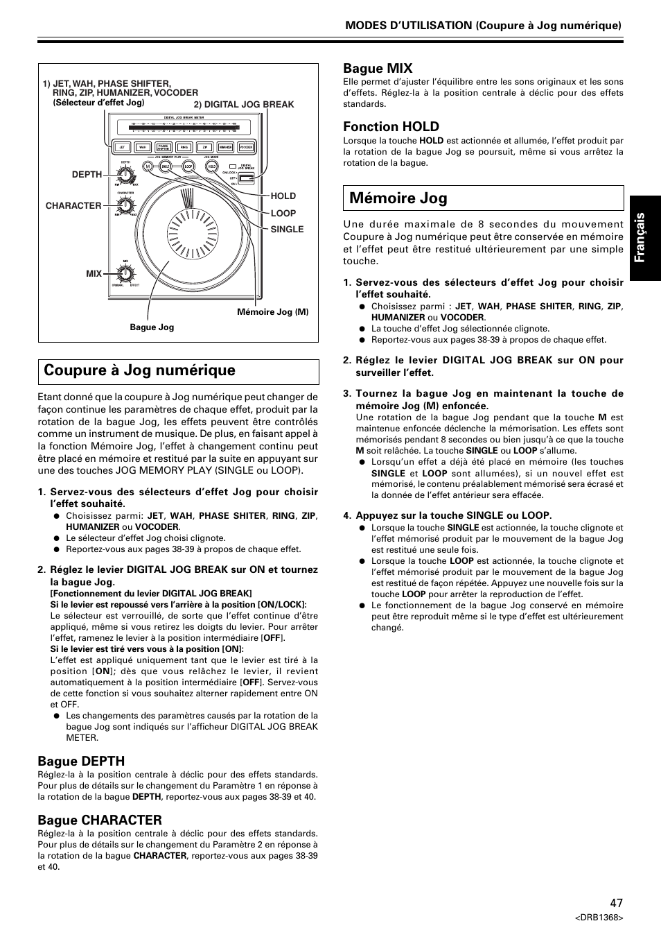 Coupure à jog numérique mémoire jog, Coupure à jog numérique, Mémoire jog | Fran ç ais, Bague depth, Bague character, Bague mix, Fonction hold | Pioneer EFX-1000 User Manual | Page 47 / 159