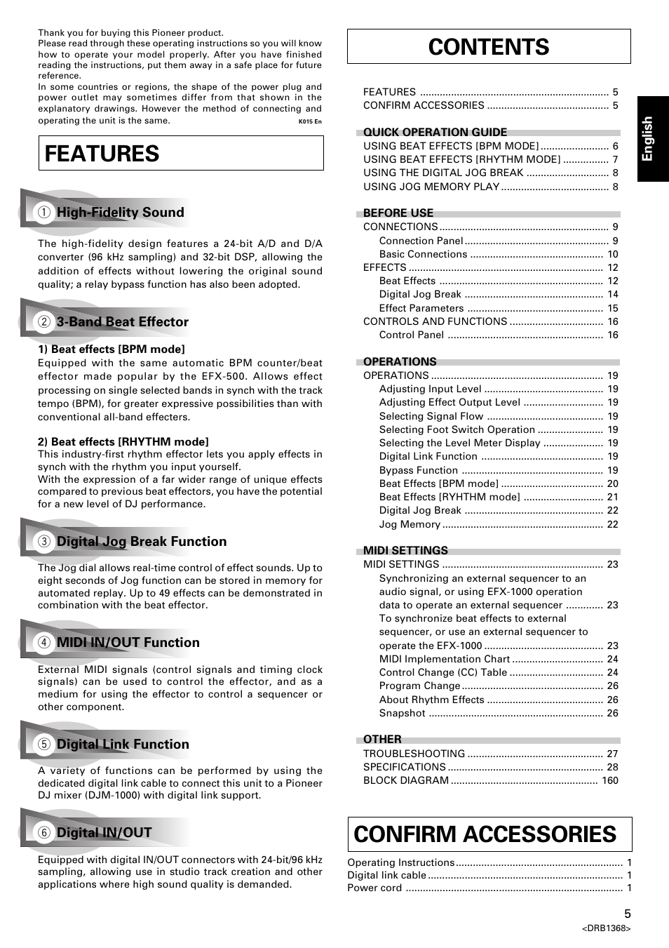 Operating instructions, Efx-1000, Features contents | Confirm accessories | Pioneer EFX-1000 User Manual | Page 5 / 159