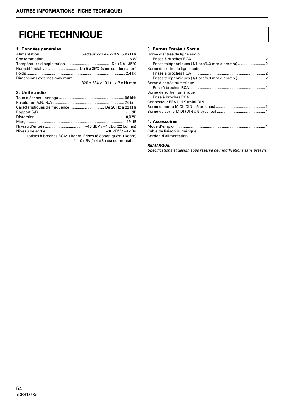 Fiche technique | Pioneer EFX-1000 User Manual | Page 54 / 159