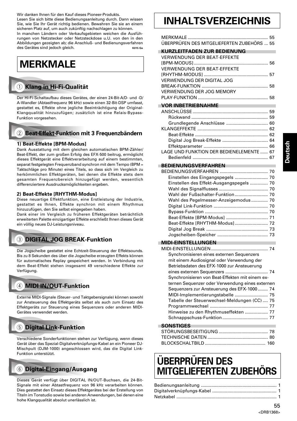 Bedienungsanleitung, Merkmale inhaltsverzeichnis, Überprüfen des mitgelieferten zubehörs | Pioneer EFX-1000 User Manual | Page 55 / 159