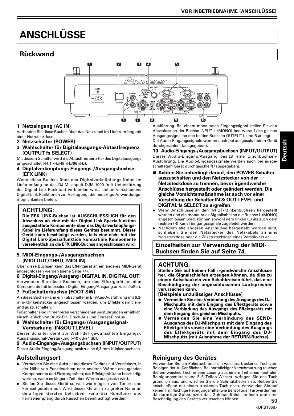 Anschlüsse, Rückwand, Deutsch | Achtung, Reinigung des gerätes, Aufstellungsort | Pioneer EFX-1000 User Manual | Page 59 / 159