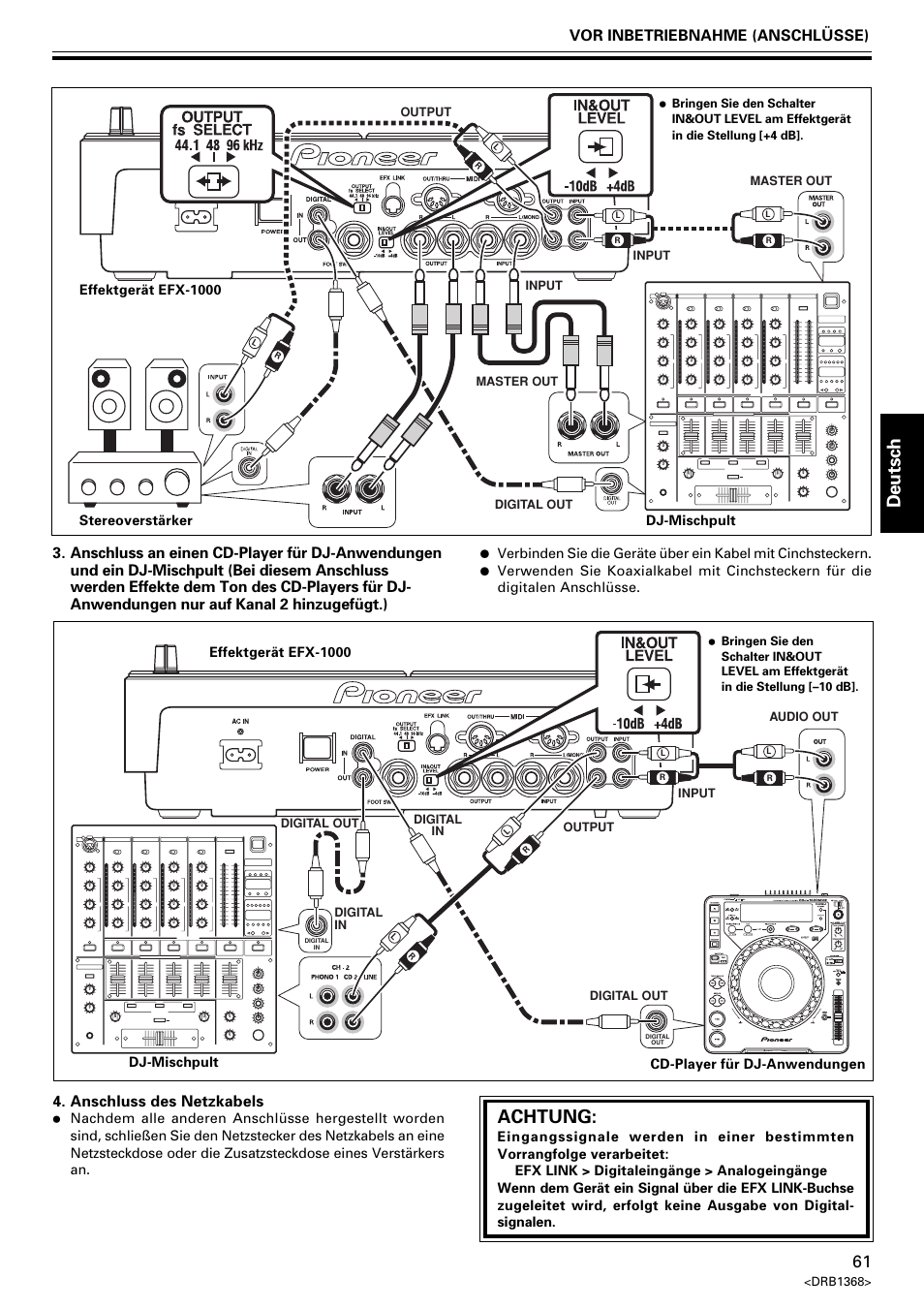 Deutsch, Achtung, Anschluss des netzkabels | Pioneer EFX-1000 User Manual | Page 61 / 159