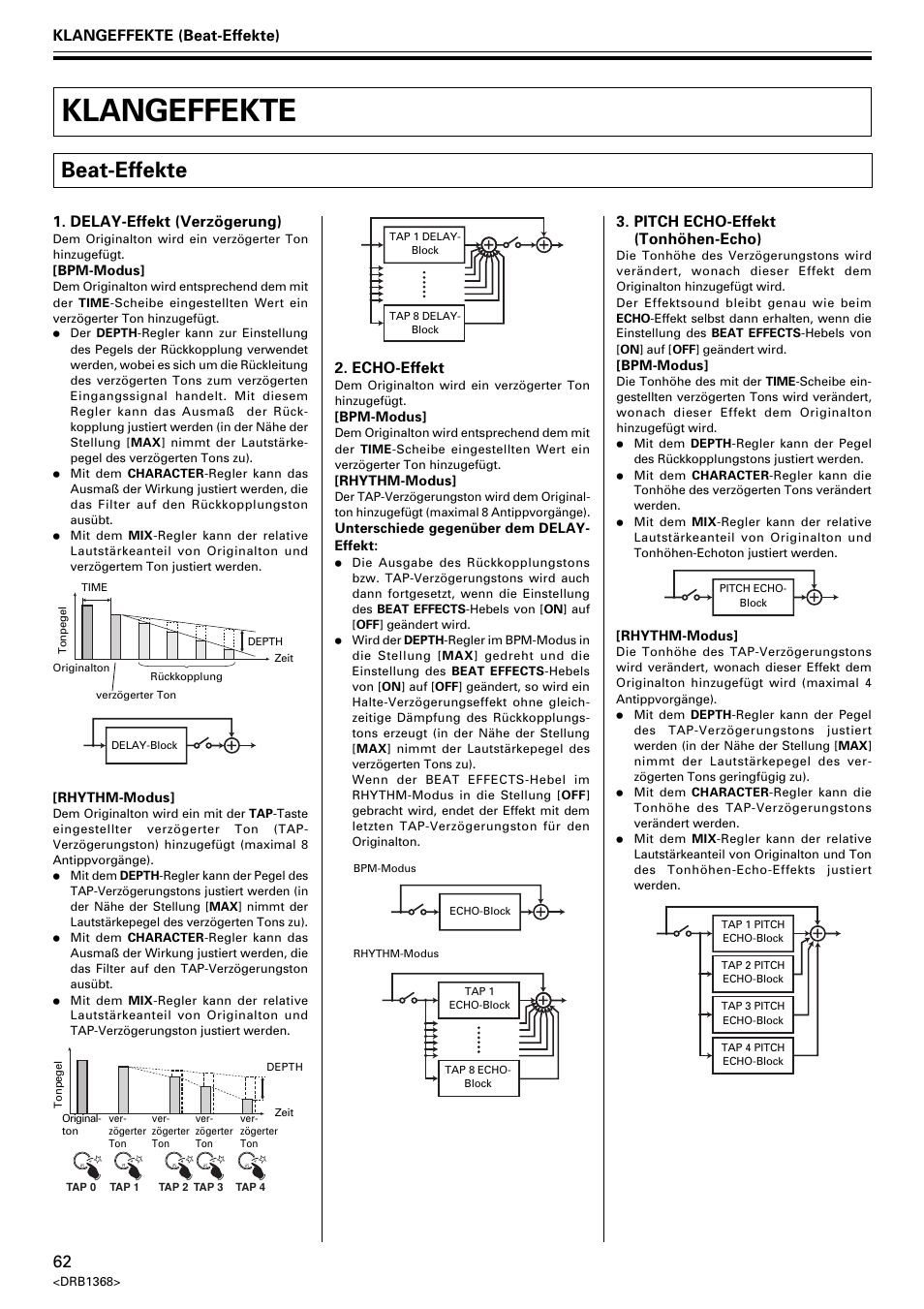 Klangeffekte, Beat-effekte, Klangeffekte (beat-effekte) | Delay-effekt (verzögerung), Echo-effekt, Pitch echo-effekt (tonhöhen-echo) | Pioneer EFX-1000 User Manual | Page 62 / 159