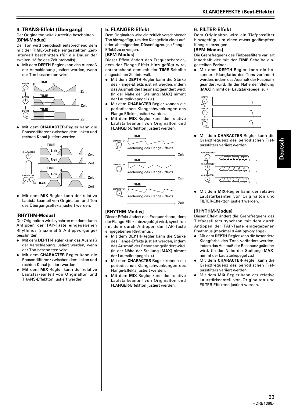 Deutsch, Klangeffekte (beat-effekte), Flanger-effekt | Trans-effekt (übergang), Filter-effekt, Rhythm-modus, Bpm-modus | Pioneer EFX-1000 User Manual | Page 63 / 159