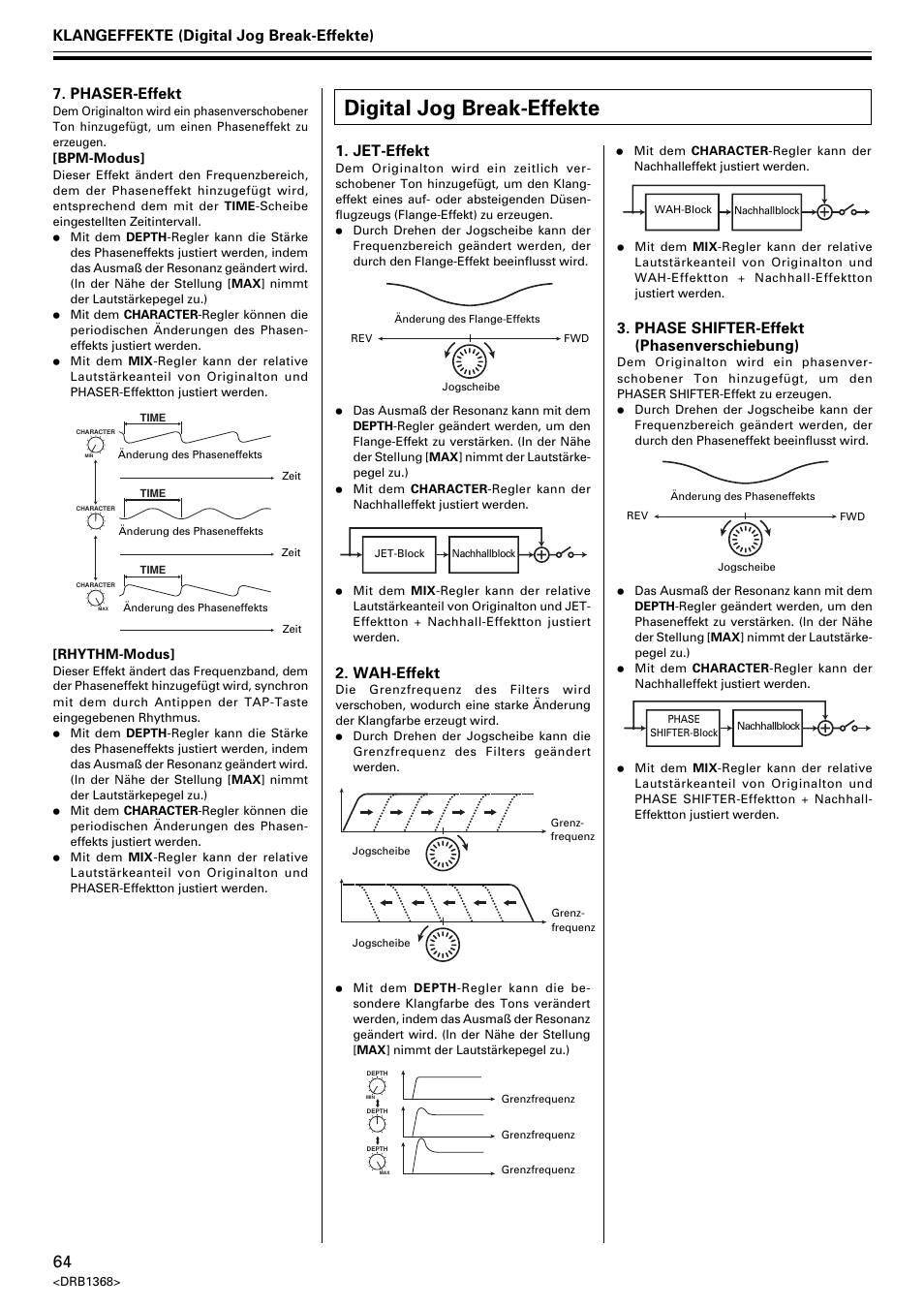 Digital jog break-effekte, Jet-effekt, Phase shifter-effekt (phasenverschiebung) | Wah-effekt, Klangeffekte (digital jog break-effekte), Phaser-effekt | Pioneer EFX-1000 User Manual | Page 64 / 159