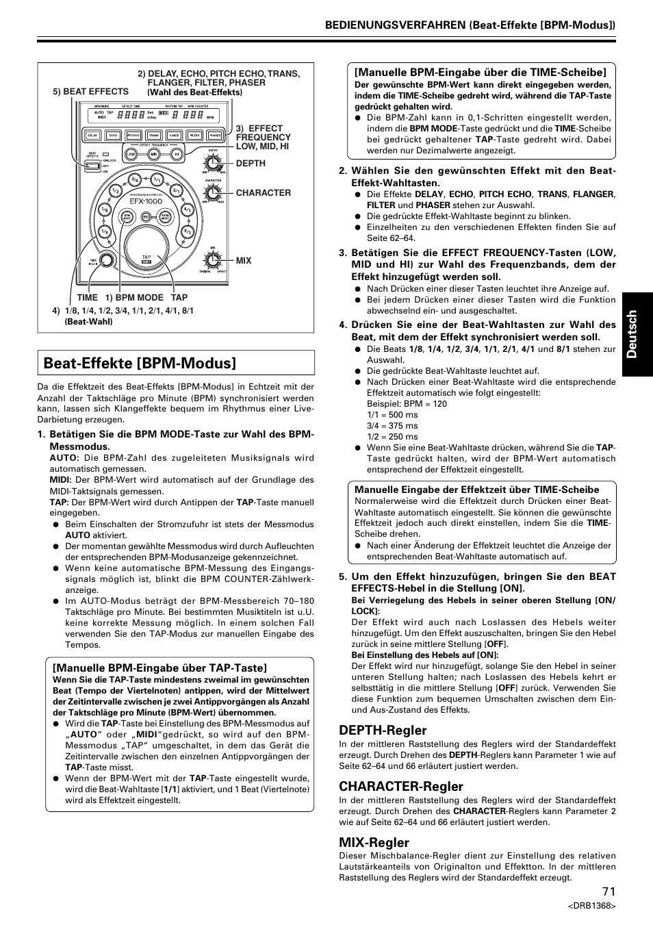 Beat-effekte [bpm-modus, Deutsch, Depth-regler | Character-regler, Mix-regler | Pioneer EFX-1000 User Manual | Page 71 / 159