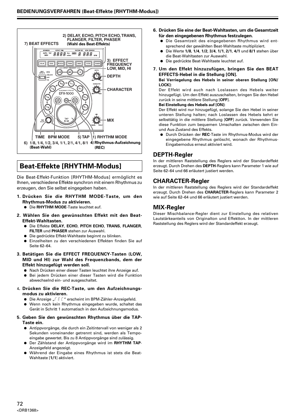 Beat-effekte [rhythm-modus, Depth-regler, Character-regler | Mix-regler | Pioneer EFX-1000 User Manual | Page 72 / 159