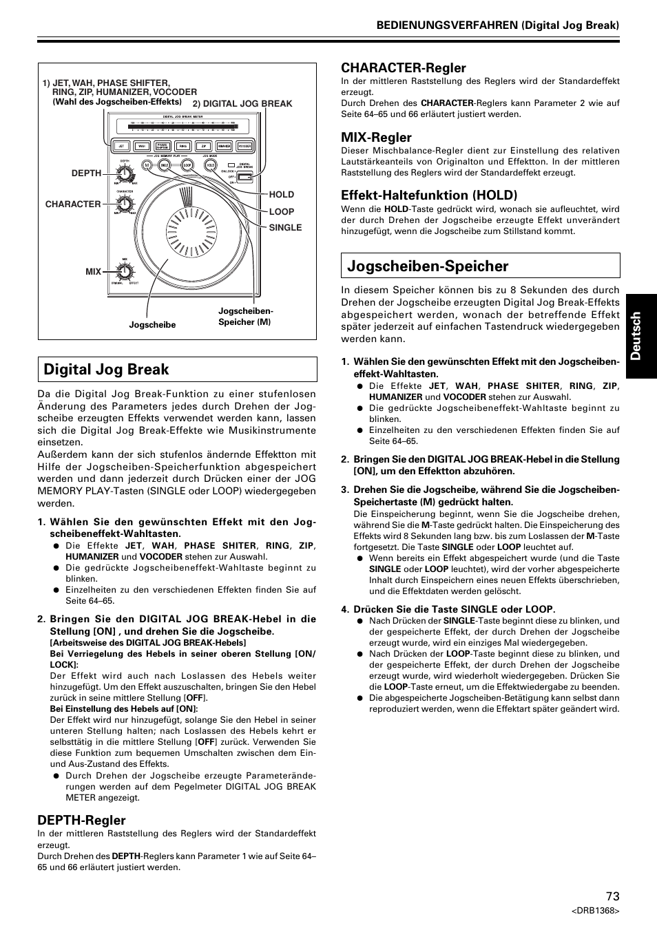 Digital jog break jogscheiben-speicher, Digital jog break, Jogscheiben-speicher | Deutsch, Depth-regler, Character-regler, Mix-regler, Effekt-haltefunktion (hold) | Pioneer EFX-1000 User Manual | Page 73 / 159