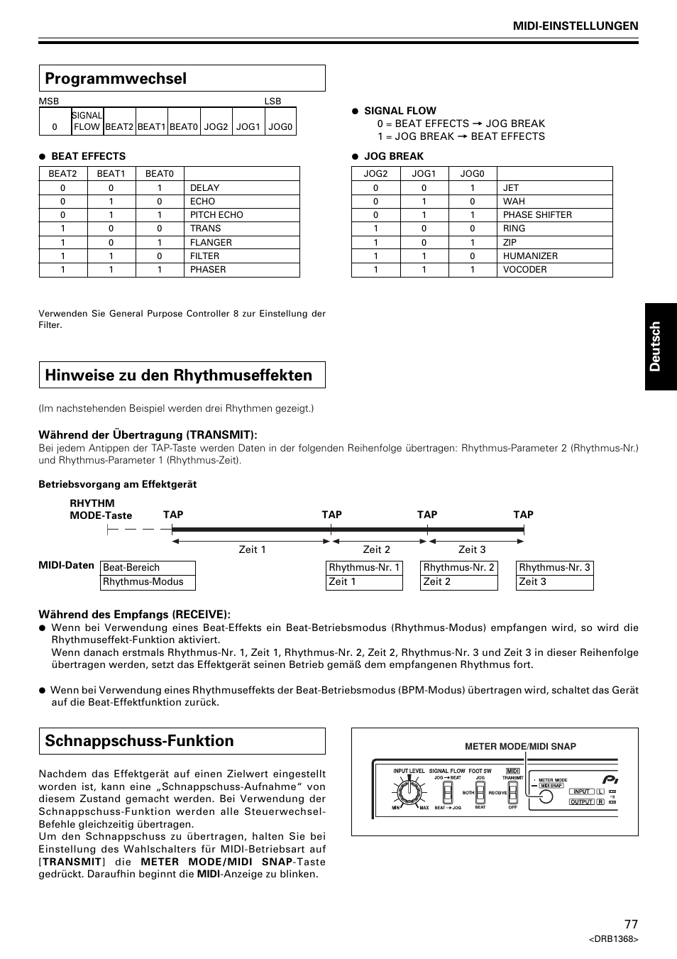 Hinweise zu den rhythmuseffekten, Programmwechsel, Schnappschuss-funktion | Deutsch | Pioneer EFX-1000 User Manual | Page 77 / 159
