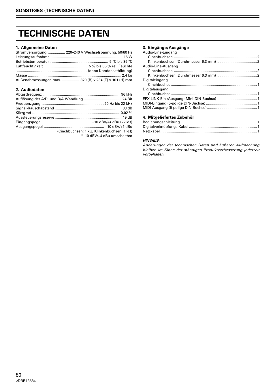 Technische daten | Pioneer EFX-1000 User Manual | Page 80 / 159