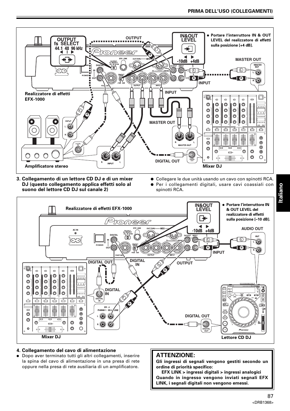 Italiano, Attenzione, Collegamento del cavo di alimentazione | Pioneer EFX-1000 User Manual | Page 87 / 159