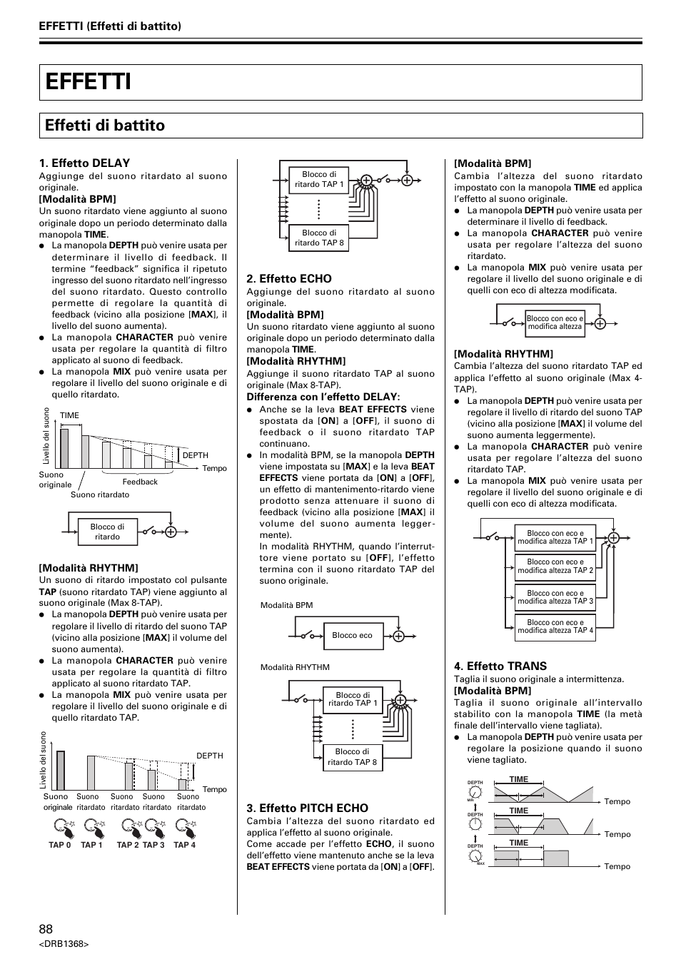 Effetti, Effetti di battito, Effetti (effetti di battito) | Effetto delay, Effetto echo, Effetto trans, Effetto pitch echo | Pioneer EFX-1000 User Manual | Page 88 / 159