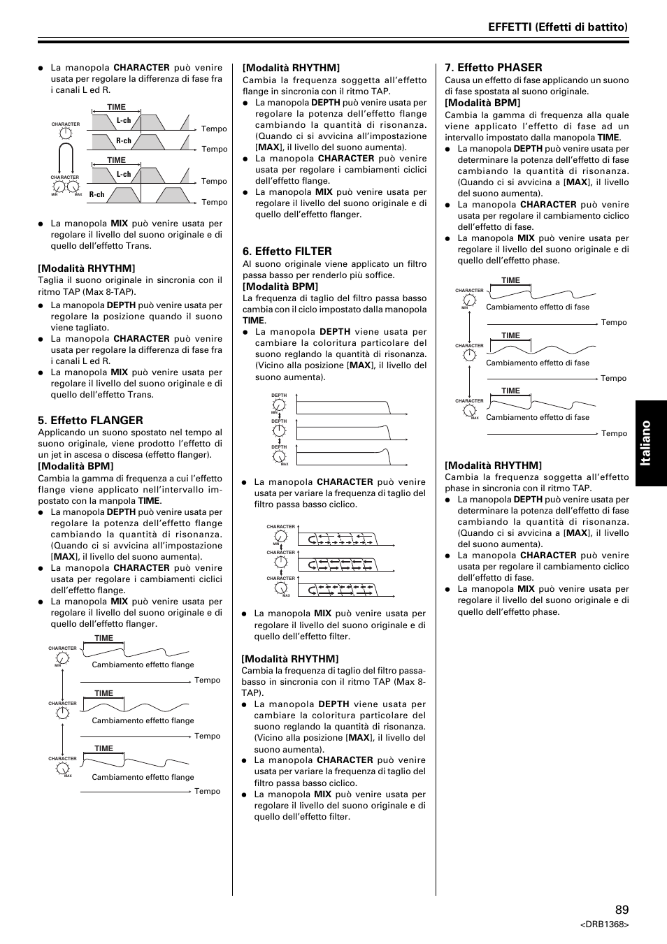 Italiano, Effetti (effetti di battito), Effetto flanger | Effetto filter, Effetto phaser | Pioneer EFX-1000 User Manual | Page 89 / 159